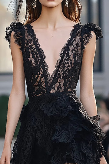 Black Lace Deep V-Neck Cocktail Dress